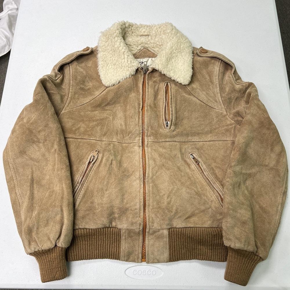 Berman's Suede Bomber Jacket Women 10 Tan Sherpa Lined Leather Flight Coat G2